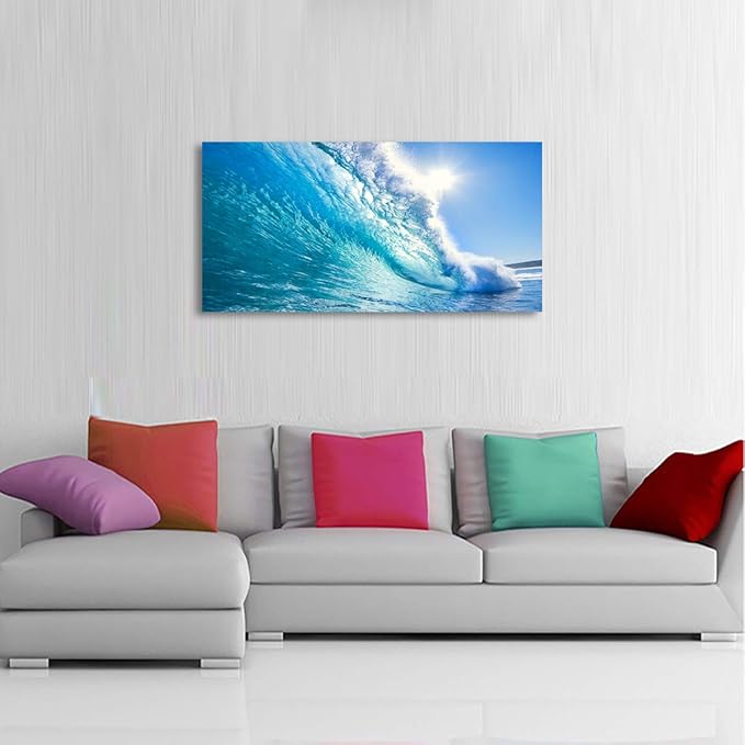 Haichuang Decor Art Ocean Wave Canvas Wall Art, 40x20 Inches Framed Turquoise Sea Wave Wall Decor, Wood Frame Waterproof HD Giclee Print, Ready to Hang Coastal Artwork for Living Room Bathroom Office