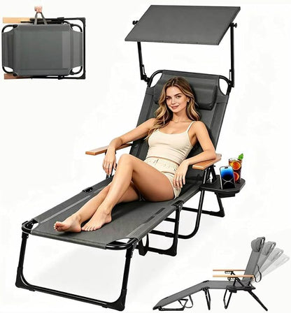 Beach Lounge Chair with Sun Shade, Folding Outdoor Chaise Lounge Chair with Arms, 4-Position Backrest, Extended Sun Tanning Chair Pillow & Cup Holder, Patio Lounger for Outside for Beach Pool(Gray-U)