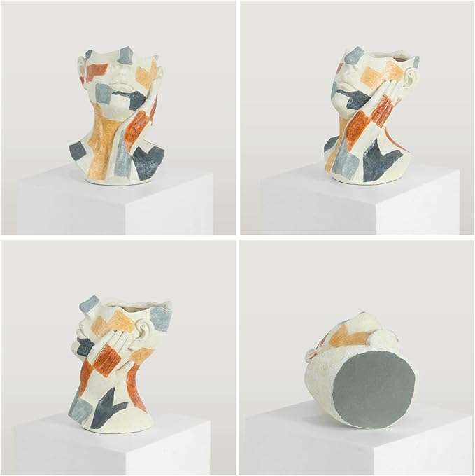 Lukitas Abstract Face Planter, Faux Sandstone Decorative Vase, Colorful Handcrafted Artistic Flower Plant Pot for Garden Patio Living Room, Resin 10.5''