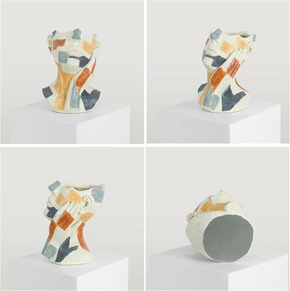 Lukitas Abstract Face Planter, Faux Sandstone Decorative Vase, Colorful Handcrafted Artistic Flower Plant Pot for Garden Patio Living Room, Resin 10.5''