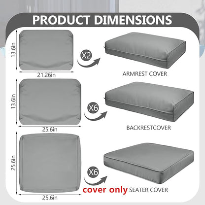 14 Piece Outdoor Patio Waterproof Cushion Covers, Fits 6-Seat Wicker Rattan Sectional Couch Chair Furniture Cover Replacement Set - Fade-Resistant Patio Cushion Covers with Zipper