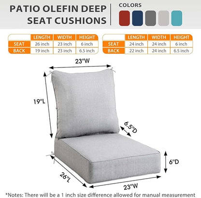 Sundale Outdoor Olefin Deep Seat Cushion Set of 2, Patio Chair Cushion and Pillow, Water-Resistant Sectional Sofa Pad with Straps Light Gray, 23 x 26 x 6 Inches