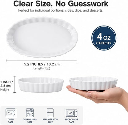 Creme Brulee Ramekins, 6 Pcs Oval Ceramic Baking Dishes 4 OZ, 5.2 Inch Oven Safe Baking Dishes for Souffle, Dessert, Baked Gratins, Prep Bowls for Ingredients, Dipping Sauces - Dishwasher Safe & Stackable