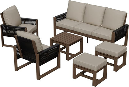 Rustic Hideaway Natural Cedar Wood Outdoor Furniture Set, Wicker Patio Conversation Set for Porch Garden Backyard, Couch, 2 Patio Chairs, Side Table and 2 Ottomans, 6 Piece, Brownish/Beige