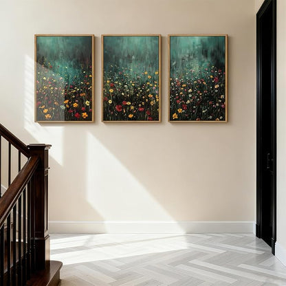 Anyzal Large Dark Moody Wildflowers Framed Wall Art 16x24 Inch Green Watercolor Floral Landscape Canvas Wall Decor Modern Botanical Prints for Living Room Bedroom Office Set of 3