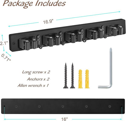 OUTNILI Mop and Broom Holder Wall Mount - Black Broom Mop Hanger - Wall Mounted Garden Tool Rack Organizer for Closet Garage Laundry Room Kitchen Decor With 5 Slots & 4 Hooks