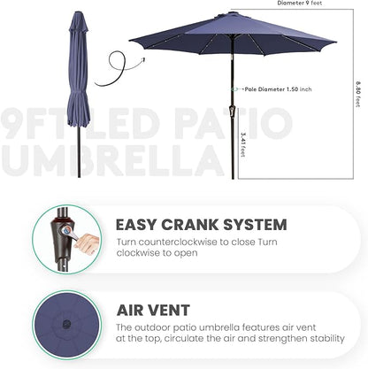 JEAREY 9FT Outdoor Patio Umbrella with Solar Lights, LED Lighted Pool Umbrella with Tilt and Crank, Outdoor Table Umbrellas for Deck, Yard & Market (Dark Blue)