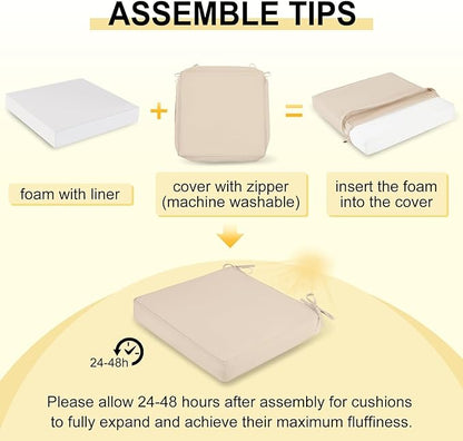 downluxe Waterproof Outdoor Chair Cushions Set of 4, 19" x 19" x 3" Patio Chair Cushion with Non-Slip Ties & Handle, Square Outdoor Cushion for Patio Furniture with Removable Cover, Beige