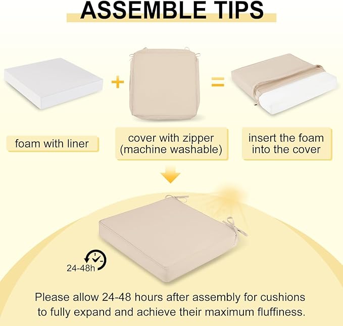 downluxe Waterproof Outdoor Chair Cushions for Patio Furniture, 22" x 22" x 3" Patio Chair Cushion with Adjustable Ties & Portable Handle, Square Outdoor Cushion with Removable Cover, Beige, 2 Pack