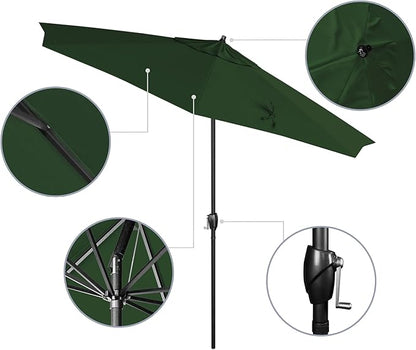 California Umbrella 9' Rd Aluminum Patio Umbrella, Crank Lift, Auto Tilt, Black Finish, 4yr Fade Warranty, Hunter Green