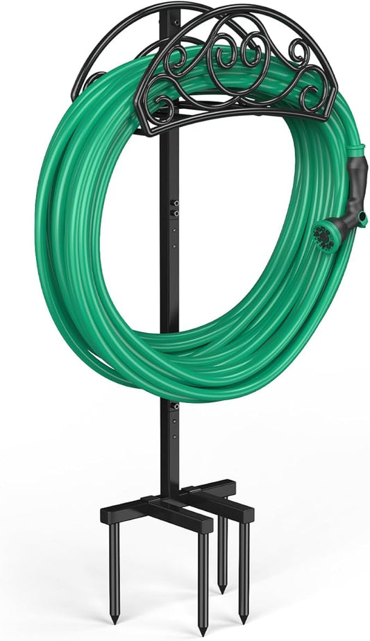 Sunvigor Garden Hose Holder, Heavy Duty Metal Hose Stand with 4 Spikes, Holds Up to 150FT Hose, No Drill Freestanding Hose Reel Alternative for Yard Lawn Outdoor