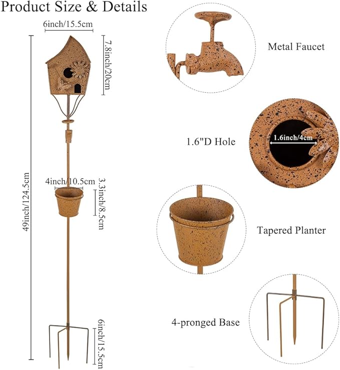 49" Bird Houses for Outside with Pole, Outdoor Metal Birdhouse with Tapered Bucket for Patio, Yard, Garden, Rust-Colored
