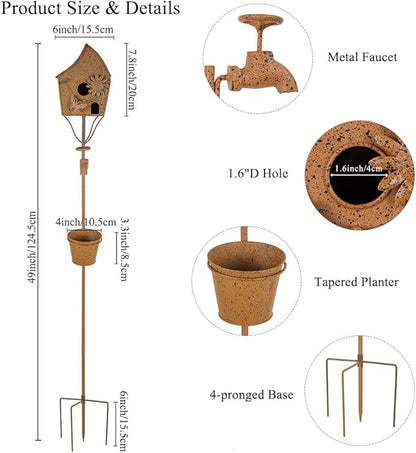 49" Bird Houses for Outside with Pole, Outdoor Metal Birdhouse with Tapered Bucket for Patio, Yard, Garden, Rust-Colored