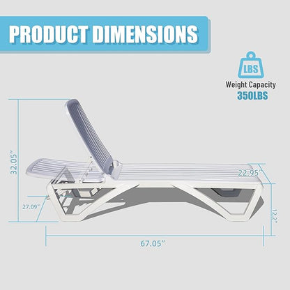 Domi Patio Outdoor Chaise Lounge Chairs Set of 4, All-Weather Plastic Adjustable Reclining Loungers, Stackable Tanning Lounge Chair w/Wheels, for Beach Garden Lawn Pool, White
