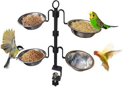 Deck Bird Feeder, 3-Tier Adjustable Railing Clamp-On Feeder with Four Stainless Steel Bowls for Balcony Patio Outdoor Use