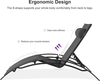PURPLE LEAF Patio Chaise Lounge Set of 3 Outdoor Lounge Chair Beach Pool Sunbathing Lawn Lounger Recliner Chiar Outside Tanning Chairs with Arm for All Weather, Side Table Included, Black