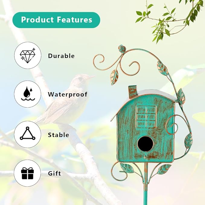 49" Bird Houses for Outside with Pole, Outdoor Metal Birdhouse for Patio, Yard, Garden(Green)