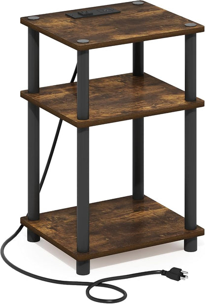 Furinno JUST Side Table, 3-Tier Modern End Table with Charging Station, Easy Assembly Night Stand, Bedside Table with USB and Type-C Port, for Living Room, Bedroom, Amber Pine