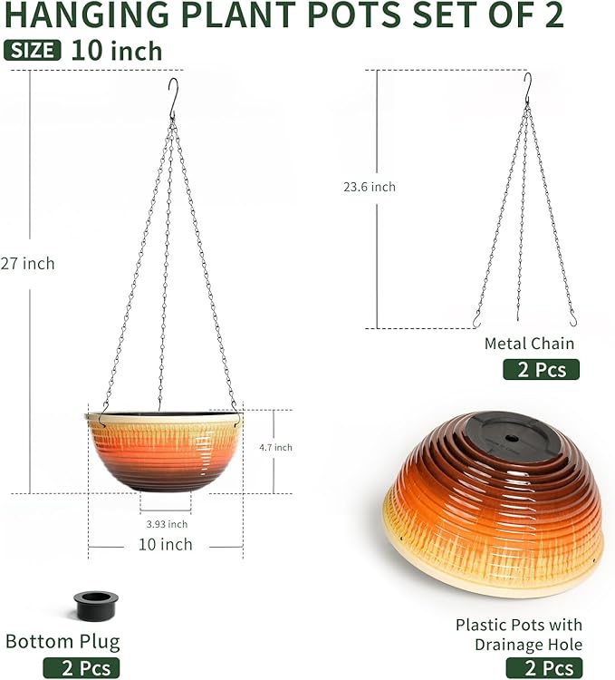 10inch Hanging Planters for Indoor and Outdoor Plants, 2 Pack Hanging Planter with Drainage Hole, Round Hanging Flower Pots for Garden Home Decor (Orange Glaze)