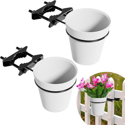 Hanging Flower Pots Holder, 2 Set Deck Railing Plant Container Holder with Pot, Pipe Clip Fence Planters Tray for Indoor & Outdoor Fence Balcony Patio Porch Railing