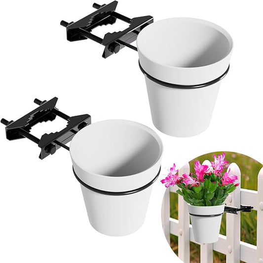 Hanging Flower Pots Holder, 2 Set Deck Railing Plant Container Holder with Pot, Pipe Clip Fence Planters Tray for Indoor & Outdoor Fence Balcony Patio Porch Railing