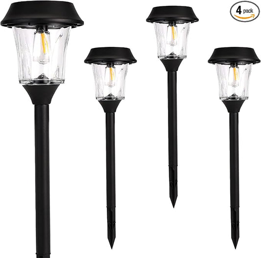 Solar Lights Outdoor Waterproof, Glass & Stainless Steel LED Stake Lamps, Dimmable 12/25 Lumens IP65, Auto On/Off Solar Powered Lighting for Patio, Sidewalk, Front Yard, Walkway (4 Pack Warm White)