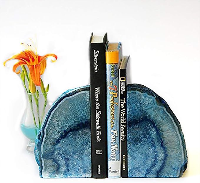 JIC Gem Blue Agate Bookends Geode Book Ends for Shelves Decorative Crystal Bookends Heavy Duty Bookend Bookshelf Decor with Rubber Bumpers(1 Pair, 3-4 LBS)