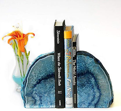 JIC Gem Blue Agate Bookends Geode Book Ends for Shelves Decorative Crystal Bookends Heavy Duty Bookend Bookshelf Decor with Rubber Bumpers(1 Pair, 3-4 LBS)
