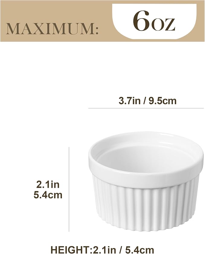 MALACASA Ramekins 6 oz Oven Safe, Porcelain Creme Brulee Ramekins Pudding Custard Cups Small Ceramic Souffle Dishes Ramakan Ramiken Ramicans Baking Bowls Set of 6, White, Series RAMEKIN-DISH