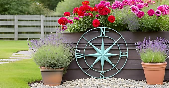 Nightclawing Nautical Metal Compass Wall Décor, Indoor/Outdoor Décor, 41L x 41H x 2W inches,Blue