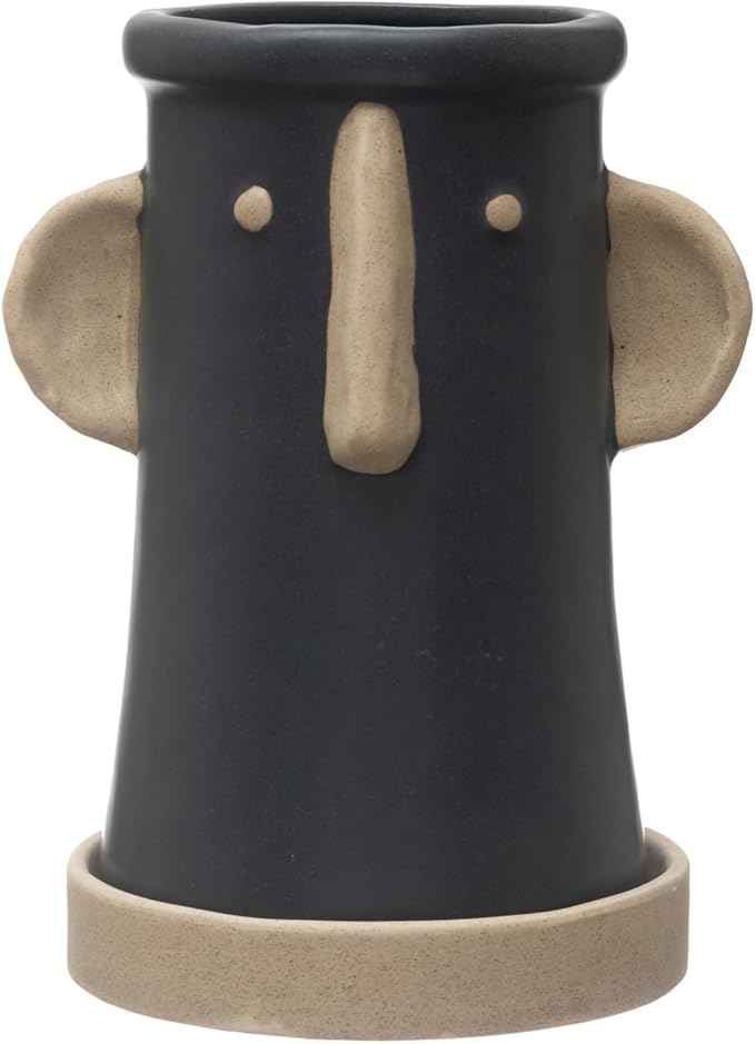 Creative Co-Op Stoneware Face Planter with Saucer, Set of 2, Matte Black and Cream, 9"