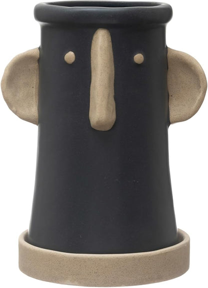 Creative Co-Op Stoneware Face Planter with Saucer, Set of 2, Matte Black and Cream, 9"