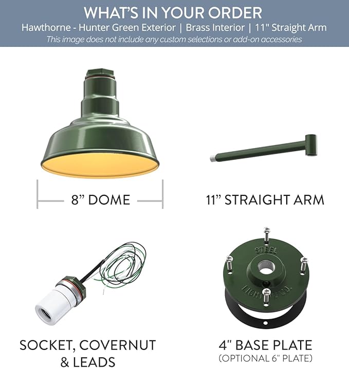 Steel Lighting Co. | Dusk to Dawn | Hawthorne Barn Light | Outdoor Wall Mounted | 8 in Dome | 11 inch Straight Arm| Small Farmhouse Light Made in America | Hunter Green/Brass