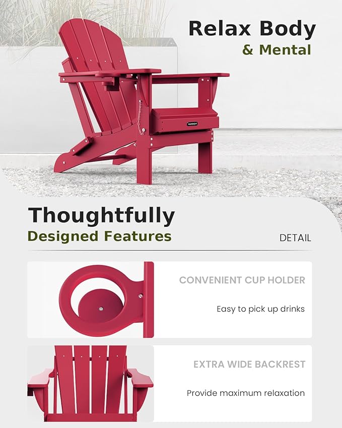 MUCHENGHY Folding Adirondack Chairs Set of 2, Patio Chairs, Lawn Chairs, Outdoor Chairs, Adirondack Chair Plastic, Fire Pit Chairs, Weather Resistant with Cup Holder for Deck, Backyard, Garden(Red)