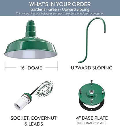 Steel Lighting Co. Gardena Barn Light | Outdoor Wall Mounted | 16" Dome | Upslope Gooseneck | Farmhouse Light Made in America | Green Exterior/White Interior