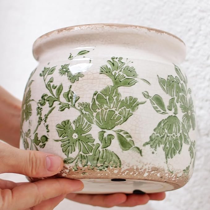 Plant Pots, Ceramic Planters for Indoor Plants, 6.29'' Flower Pots with Drainage, Vase & Planters, Vintage Indoor Plant Pots, Home & Christmas Decor, Gifts for Mom, Classic Green