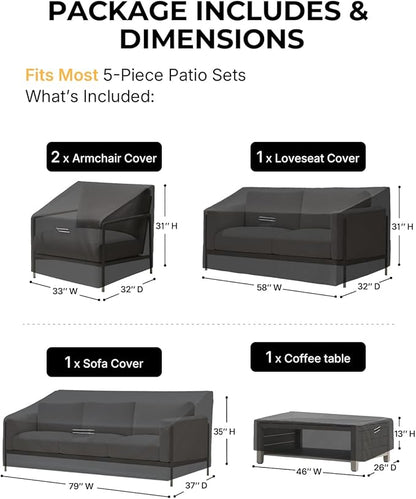 loriano Patio Furniture Covers, 5 Piece Outdoor Furniture Cover Waterproof, 420D Patio Furniture Cover Set, Lawn Patio Set Covers Black