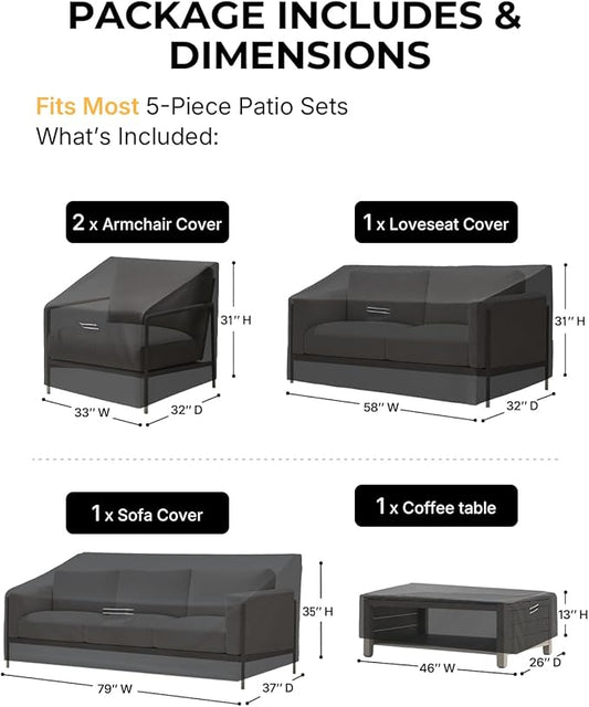 loriano Patio Furniture Covers, 5 Piece Outdoor Furniture Cover Waterproof, 420D Patio Furniture Cover Set, Lawn Patio Set Covers Black