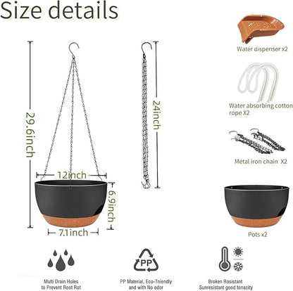 12 inch Hanging Planters for Indoor Outdoor Plants, 2 Pack Self Watering Hanging Planter with Drainage Holes and Saucer, Plastic Hanging Flower Pots with Chains for Kitchen, Balcony, Garden