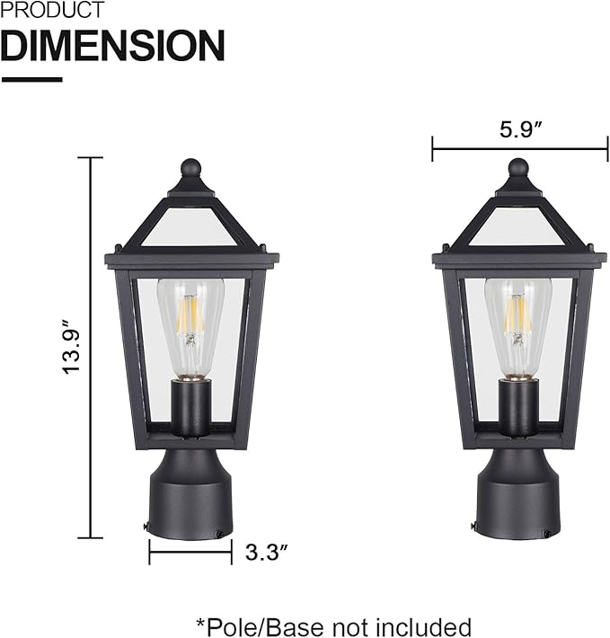 Colonial Outdoor Post Light Fixture,Modern Exterior Pillar Lantern with Black Finish & Clear Glass, Pole Light for Garden, Backyard, Courtyard, Patio, Pathway,RZ-032P-2 BK