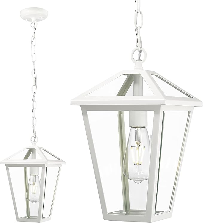 Outdoor Pendant Light Fixture, Exterior Hanging Pendant Lights for Porch, Outside Chandelier Ceiling Mount Aluminum with Clear Glass for Entryway Doorway Gazebo Patio Foyer, White