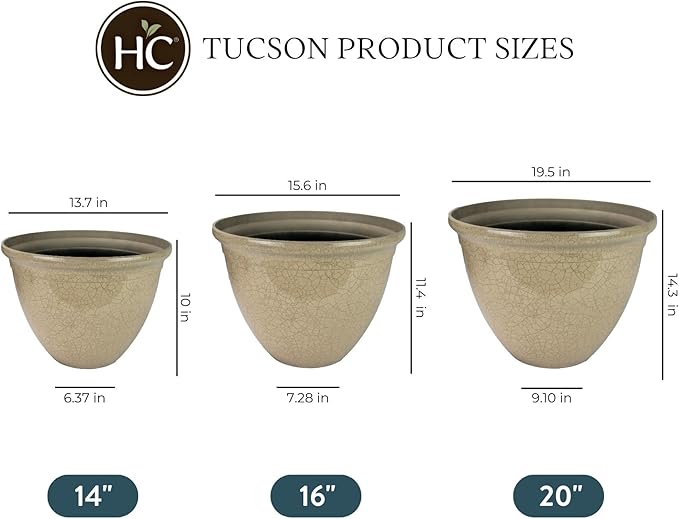 The HC Companies 16 Inch Tucson Round Planter Pots with Ceramic Look, Lightweight UV-Resistant Resin Indoor & Outdoor Planters, 1-Pack Flower Pots for Garden & Home Decor, Greige Crackle