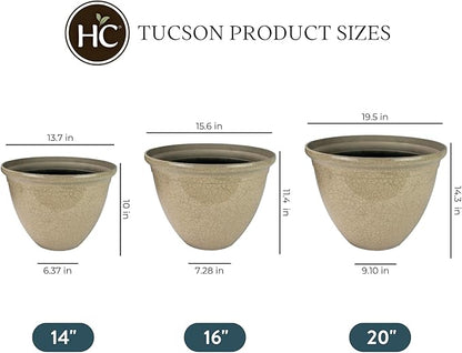 The HC Companies 16 Inch Tucson Round Planter Pots with Ceramic Look, Lightweight UV-Resistant Resin Indoor & Outdoor Planters, 1-Pack Flower Pots for Garden & Home Decor, Greige Crackle