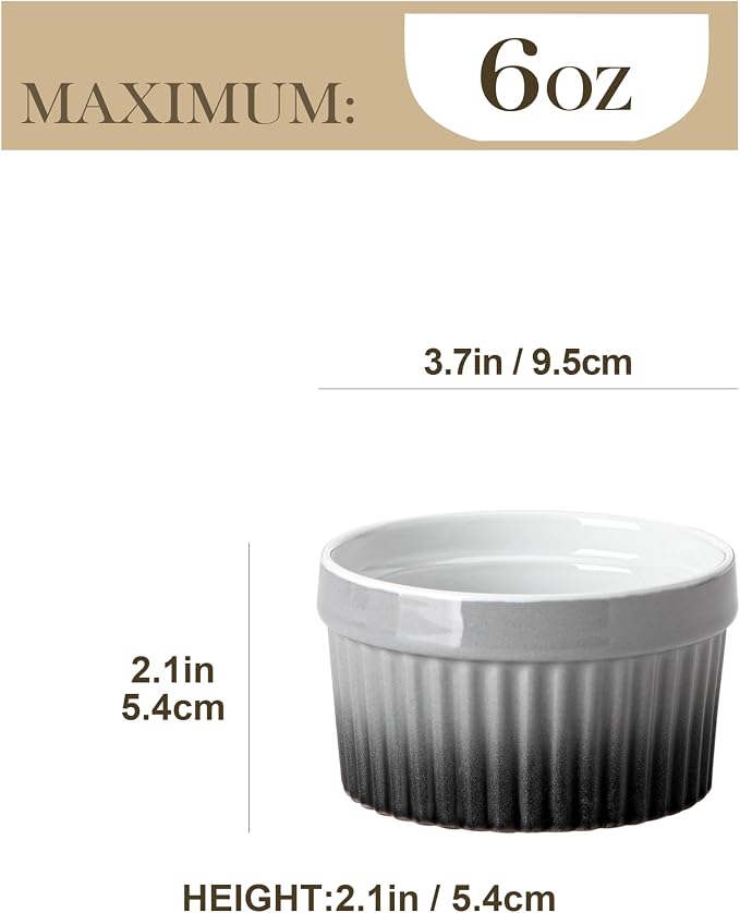 MALACASA Ramekins 6 oz Oven Safe, Small Ceramic Souffle Dishes for Creme Brulee Souffle, Stoneware Custard Cups Ramiken for Baking, Dessert Bowls Dipping Sauce Dish Set of 6, Grey, Series RAMEKIN-DISH
