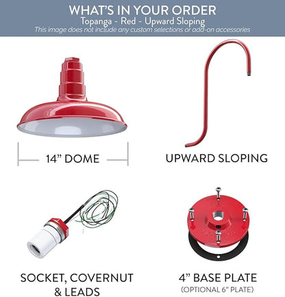 Steel Lighting Co. Topanga Barn Light | Outdoor Wall Mounted | Farmhouse Garage Light Made in America | 14 inch Dome | Upslope Gooseneck | Red Exterior/White Interior