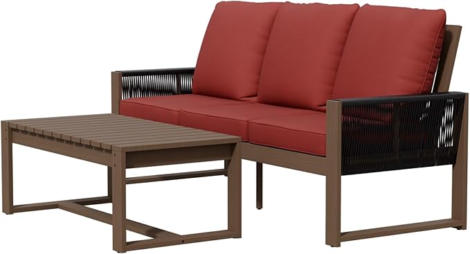 Rustic Hideaway Natural Cedar Wood Outdoor Furniture Set, Wicker Patio Conversation Set for Porch Garden Backyard, Couch and Coffee Table, 2 Piece, Brownish/Red