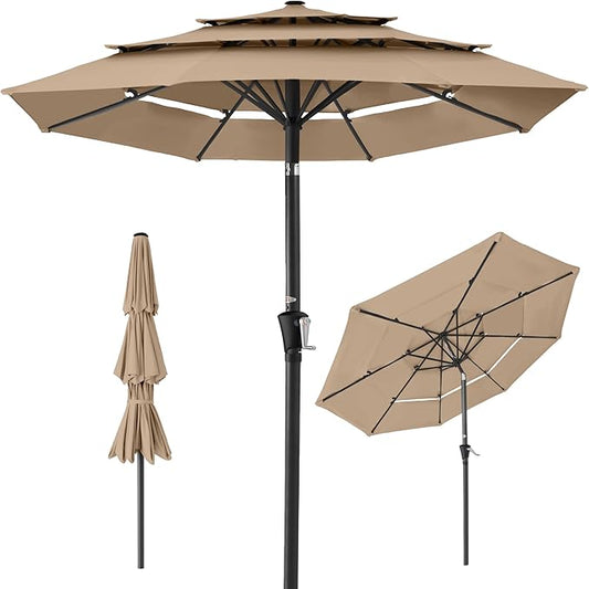 Best Choice Products 10ft 3-Tier Market Patio Umbrella, Outdoor Sun Shade with Tilt, Crank Lift, 8 Ribs for Backyard, Deck, Poolside – Tan