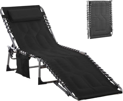 Portable Foldable Sun Tanning Chair, Heavy Duty Adjustable Folding Laying Out Chairs for Tanning, Beach Lounge Chairs for Adults for Outdoor Sunbathing Patio Pool Lawn Camping Deck (Black)