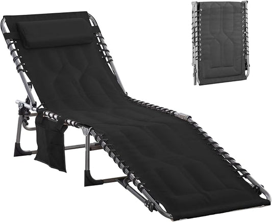 Portable Foldable Sun Tanning Chair, Heavy Duty Adjustable Folding Laying Out Chairs for Tanning, Beach Lounge Chairs for Adults for Outdoor Sunbathing Patio Pool Lawn Camping Deck (Black)