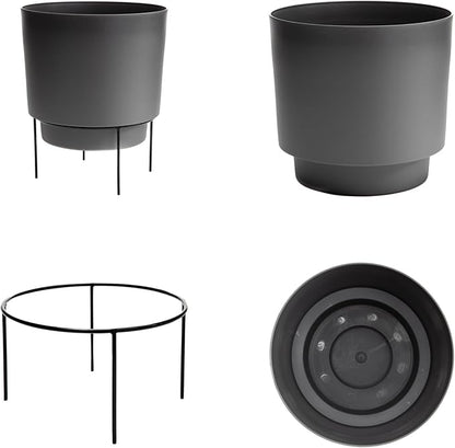 Bloem Hopson Decorative Resin Cachepot with Metal Stand, 10" Indoor and Outdoor Planter with Black Metal Stand, Charcoal